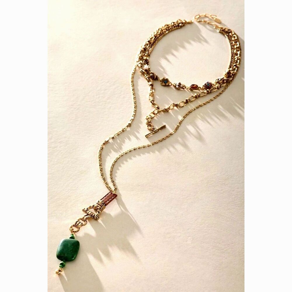 Free People Winlet Layer Necklace Gold Tone Mixed Long 3 Layers Green Stone NWT
